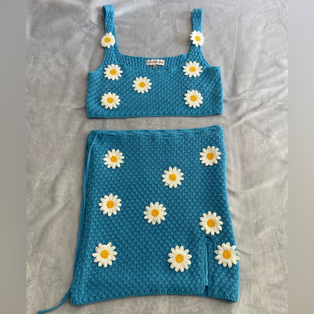 Blue Floral Knit Skirt Set